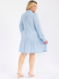 PLUS SIZE LONG SLEEVE BUTTON UP FRONT POCKETS TIERED CHAMBRAY MINI DRESS