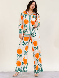 HALFHEART WOMEN'S LONG SLEEVE BUTTON UP TOP & ELASTIC WAIST WIDE LEG PANTS FLOWER PRINT 2PC. SET