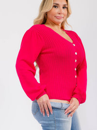 PLUS SIZE LONG SLEEVE BUTTON UP RIBBED KNIT BODYSUIT