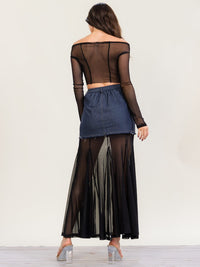 HALFHEART WOMEN'S LONG SLEEVE OFF SHOULDER CROP TOP & BUTTON CLOSURE MAXI SKIRT DENIM MESH 2PC. SET