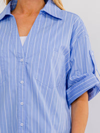WOMEN'S SHORT SLEEVE BUTTON UP FRONT POCKET STRIPES SHIRT