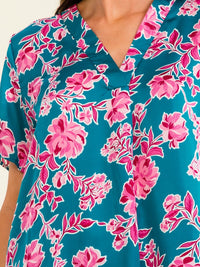 ENTRO WOMEN'S SHORT SLEEVE V-NECK FLORAL PRINT HIGH-LOW BLOUSE