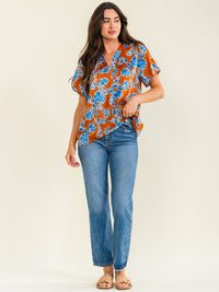 ENTRO WOMEN'S SHORT SLEEVE V-NECK FLORAL PRINT HIGH-LOW BLOUSE