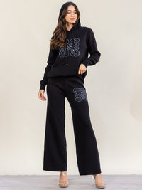 HALFHEART WOMEN'S LONG SLEEVE HOODED PULLOVER SWEATER & ELASTIC WAIST WIDE LEG PANTS GRAPHIC EMBROIDERY DETAILED 2PC. SET