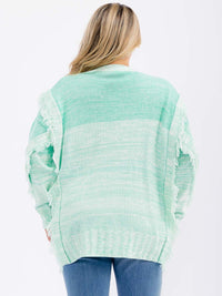 PLUS SIZE LONG SLEEVE COLORBLOCK FRINGE HIGH-LOW PULLOVER SWEATER