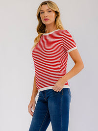 WOMEN'S SHORT SLEEVE COLORBLOCK STRIPES KNIT TOP