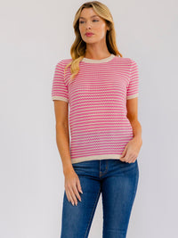 WOMEN'S SHORT SLEEVE COLORBLOCK STRIPES KNIT TOP