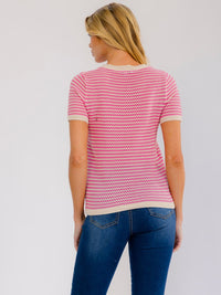 WOMEN'S SHORT SLEEVE COLORBLOCK STRIPES KNIT TOP