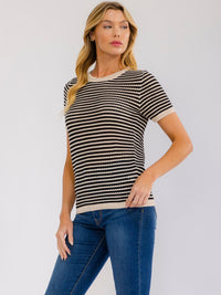 WOMEN'S SHORT SLEEVE COLORBLOCK STRIPES KNIT TOP