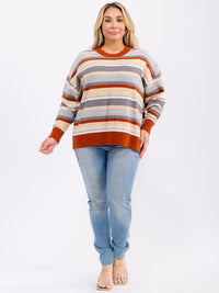 PLUS SIZE LONG SLEEVE COLORBLOCK STRIPES PULLOVER KNIT SWEATER