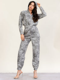 WOMEN'S LONG SLEEVE HOODED ZIP UP SWEATER & ELASTIC WAIST JOGGER LEG PANTS TIE DYE RHINESTONES DETAILED 2PC. SET