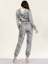 WOMEN'S LONG SLEEVE HOODED ZIP UP SWEATER & ELASTIC WAIST JOGGER LEG PANTS TIE DYE RHINESTONES DETAILED 2PC. SET