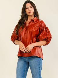 ENTRO WOMEN'S SHORT PUFF SLEEVE BUTTON UP PU PLEATHER BLOUSE