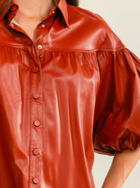 ENTRO WOMEN'S SHORT PUFF SLEEVE BUTTON UP PU PLEATHER BLOUSE