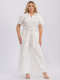 PLUS SIZE SHORT SLEEVE BUTTON UP SELF TIE DENIM WIDE LEG JUMPSUIT
