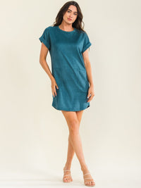 WOMEN'S SHORT SLEEVE FRONT POCKETS VELVET MINI DRESS