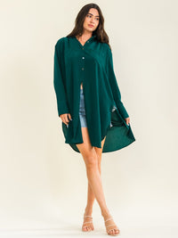 ENTRO WOMEN'S LONG SLEEVE BUTTON UP FRONT POCKETS HIGH-LOW OVERSIZED TOP