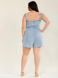 PLUS SIZE SLEEVELESS SQUARE NECK FRONT POCKETS DENIM ROMPER