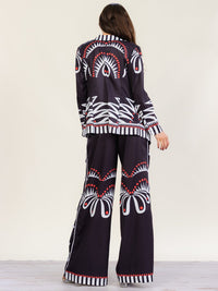 HALFHEART WOMEN'S LONG SLEEVE OPEN FRONT BLAZER & ELASTIC WAIST WIDE LEG PANTS MULTI PRINT 2PC. SET