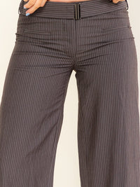 WOMEN'S BUTTON CLOSURE BELTED STRIPES STRAIGHT LEG PANTS