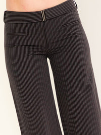 WOMEN'S BUTTON CLOSURE BELTED STRIPES STRAIGHT LEG PANTS