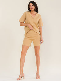 WOMEN'S SHORT SLEEVE BUTTON UP BLOUSE & ELASTIC WAIST SHORT BANDAGE 2PC. SET