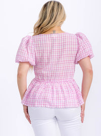 PLUS SIZE SHORT PUFF SLEEVE SQUARE NECK PLAID PEPLUM BLOUSE