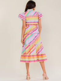 BEULAH WOMEN'S SHORT SLEEVE BUTTON UP MULTI PRINT TIERED MIDI DRESS