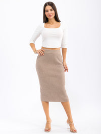 WOMEN'S ELASTIC WAIST RIBBED PENCIL MIDI SKIRT