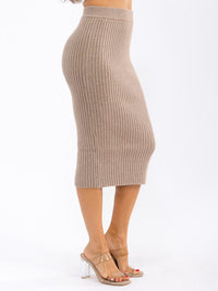 WOMEN'S ELASTIC WAIST RIBBED PENCIL MIDI SKIRT