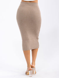 WOMEN'S ELASTIC WAIST RIBBED PENCIL MIDI SKIRT