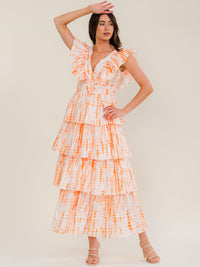 BEULAH WOMEN'S SLEEVELESS V-NECK MULTI PRINT RUFFLE TIERED MAXI DRESS
