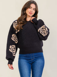 WOMEN'S LONG BALLOON SLEEVE FLORAL PRINT PULLOVER SWEATER