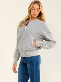 WOMEN'S LONG RUCHED SLEEVE ZIP UP FRONT POCKETS JACKET