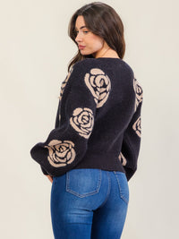 WOMEN'S LONG BALLOON SLEEVE FLORAL PRINT PULLOVER SWEATER