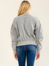 WOMEN'S LONG RUCHED SLEEVE ZIP UP FRONT POCKETS JACKET