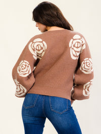 WOMEN'S LONG BALLOON SLEEVE FLORAL PRINT PULLOVER SWEATER
