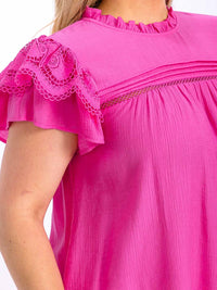 PLUS SIZE SHORT RUFFLE SLEEVE LACE TRIM DETAILED BLOUSE