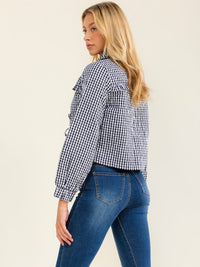 WOMEN'S LONG SLEEVE FRONT TIE UP POCKET PLAID JACKET