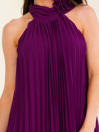 ENTRO WOMEN'S HALTER NECK SLEEVELESS PLEATED MINI DRESS