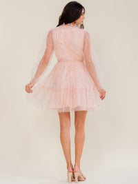 BEULAH WOMEN'S LONG SLEEVE SELF TIE SHIMMER TULLE MINI DRESS