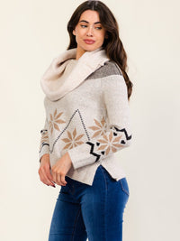 WOMEN'S LONG SLEEVE COWL OFF SHOULDER NECK PRINT PULLOVER SWEATER