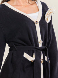 ****LATISTE WOMEN'S LONG SLEEVE BUTTON UP REMOVABLE FLOWER PIN SELF TIE FRONT POCKETS SWEATER MINI DRESS