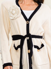 ****LATISTE WOMEN'S LONG SLEEVE BUTTON UP REMOVABLE FLOWER PIN SELF TIE FRONT POCKETS SWEATER MINI DRESS