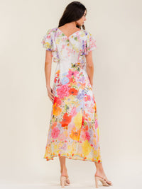 BEULAH WOMEN'S SHORT RUFFLE SLEEVE SELF TIE FLORAL PRINT MAXI DRESS