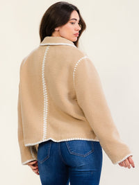 WOMEN'S LONG SLEEVE BUTTON UP TRIM DETAILED SHERPA JACKET