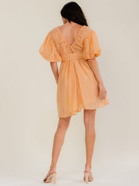 BEULAH WOMEN'S SHORT PUFF SLEEVE V-NECK SELF TIE MINI DRESS