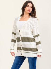 WOMEN'S LONG SLEEVE BUTTON UP COLORBLOCK STRIPES KNIT CARDIGAN