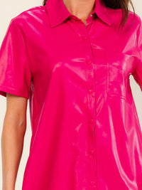 ENTRO WOMEN'S SHORT SLEEVE BUTTON UP PU PLEATHER TUNIC MINI DRESS
