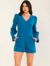 WOMEN'S LONG SLEEVE V-NECK FRONT POCKETS ROMPER